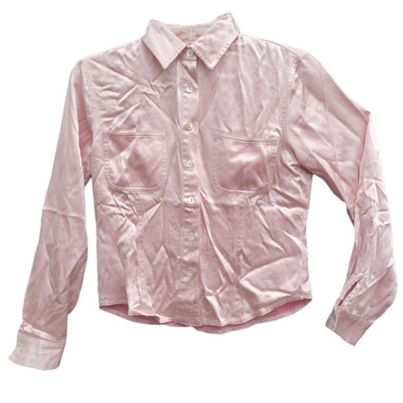 Vintage 80s Harlow Pink Shiny Two Breast Pockets Long Sleeve Button Down‎ Blouse - Picture 1 of 10